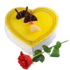 Heart Shaped Pineapple cake 1kg  with 1 Red Roses