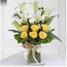 Glass Vase of Roses with Lilies