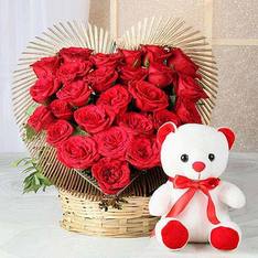 30 Red Roses Heart with Teddy