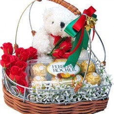 Basket of 12 Red Roses 16 Pcs Ferrero Rochers Chocolate 6 Inches Teddy