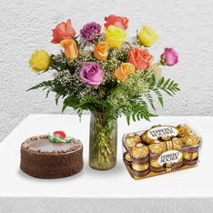 12 mixed Rose Vase with Cake & Ferrero Rocher Chocolate