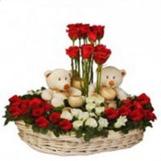 Basket of 40 Red White Roses and 2 Teddies