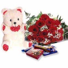 Bunch of 25 Red Roses  6 Inches Teddy 6 Bars of Cadbury