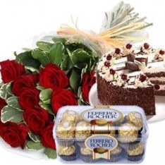 Bunch of 12 Red Roses 1 Kg Black Forest Cake 16 pcs Ferrero Rocher Box