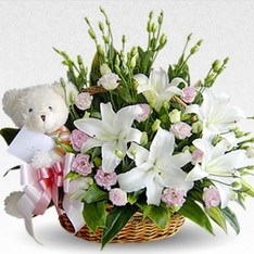Basket of 5 White Lilies with 10 pink carnations with white Teddy