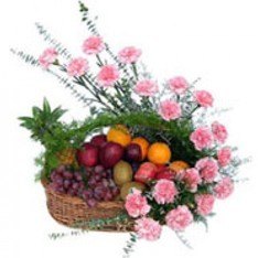 Arrangement of Carnation and Mix Fruits