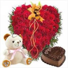 Heartshape Arrangement of 50 Roses, 1 kg. Heartshape Cake, 6 inches Teddy