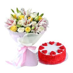Lilies roses with red velvet cake