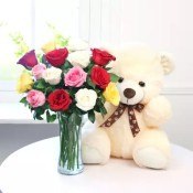 12 Mixed Roses Vase with Teddy