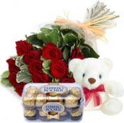 Bunch of 10 Red Roses 16 Pcs Ferrero Rocher Box 6 Inches teddy