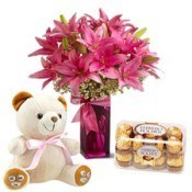 Vase with 10 Pink Lilies 16 pcs ferrero Rocher 6 inches Teddy