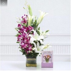 Vase of 5 Purple Orchids N 3 Lilies with Greeting Card