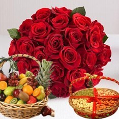 Bunch of 12 Red Roses and Basket of 4kgs Mix Fresh Fruits also along with 1 kg Mix Dry Fruits