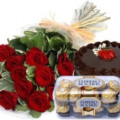 Bunch of 10 Red Roses 1 Kg Chocolate Cake 16 pcs Ferrero Rocher Box