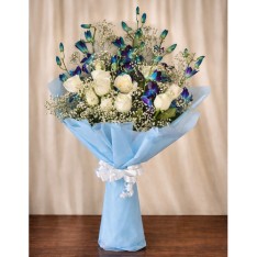 Blue Orchid & White Rose Elegant Bouquet