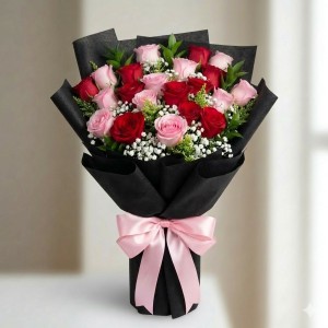 Red & Pink Roses Bouquet in Black Wrap