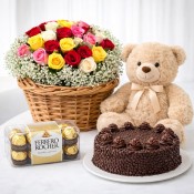 Mixed Rose Basket with Teddy, Chocolates & Choco Chips Cake