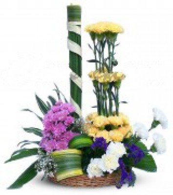 Arrangement of Pink Yellow and White carnation