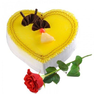 Heart Shaped Pineapple cake 1kg  with 1 Red Roses