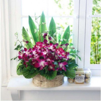 Basket of 10 Purple Orchids with 16pc Ferrero Rocher