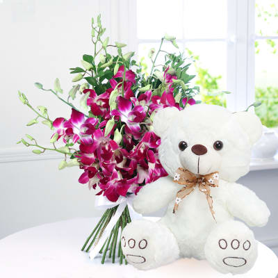 10 Orchid Bouquet with Teddy Bear