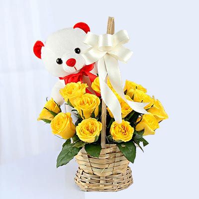 20 Yellow Rose Basket with Teddy