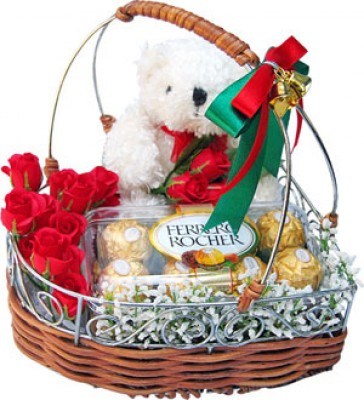 Basket of 12 Red Roses 16 Pcs Ferrero Rochers Chocolate 6 Inches Teddy