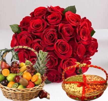 Bunch of 12 Red Roses and Basket of 4kgs Mix Fresh Fruits also along with 1 kg Mix Dry Fruits