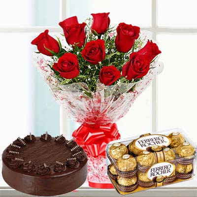 Red Roses N Cake with Ferrero Rocher