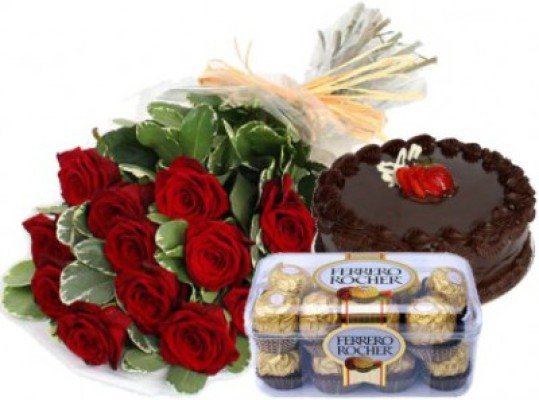 Bunch of 10 Red Roses 1 Kg Chocolate Cake 16 pcs Ferrero Rocher Box