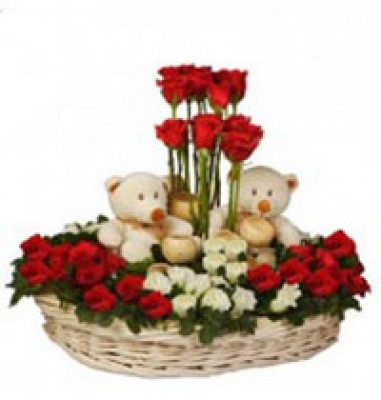 Basket of 40 Red White Roses and 2 Teddies
