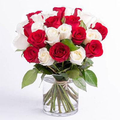 Vase With 12 Red Roses and 10 White Roses