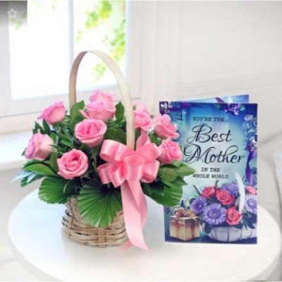 Round Basket of 20 Pink Roses with Card