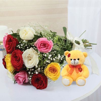 Mixed Roses Bouquet with Teddy