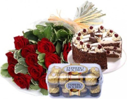 Bunch of 12 Red Roses 1 Kg Black Forest Cake 16 pcs Ferrero Rocher Box