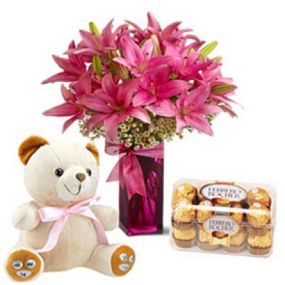Vase with 10 Pink Lilies 16 pcs ferrero Rocher 6 inches Teddy