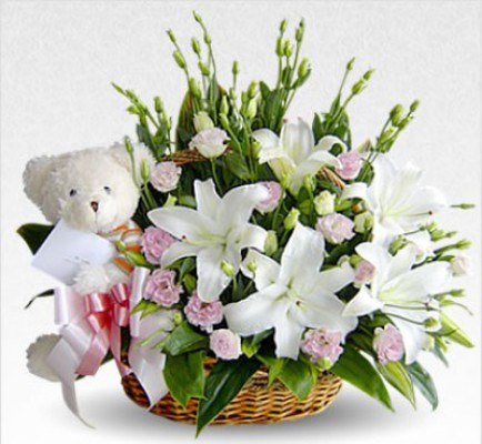 Basket of 5 White Lilies with 10 pink carnations with white Teddy