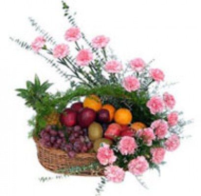 Arrangement of Carnation and Mix Fruits