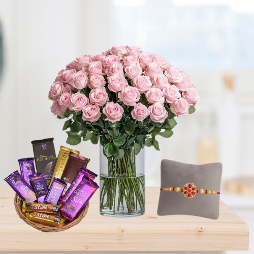 Pink roses vase and chocolates basket with free rakhi
