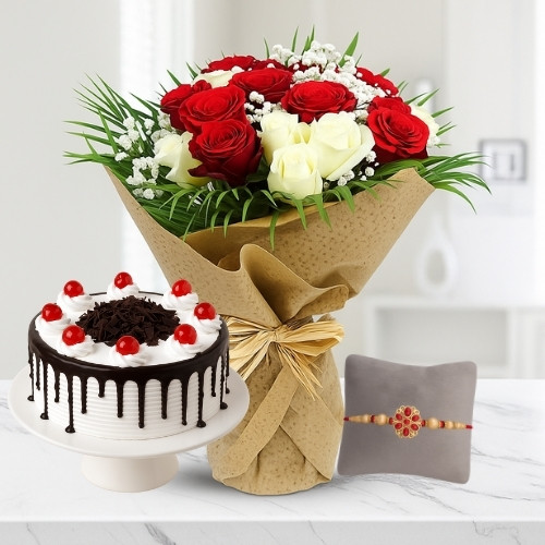 Bouquet of red and white roses with cake free rakhi