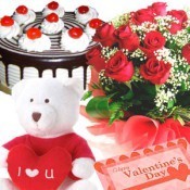 Red Roses with Black Forest Cake & Teddy