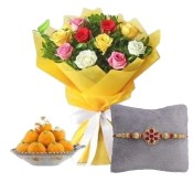 Rakhi with MIxed Roses and Laddu