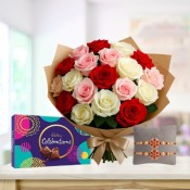 Bouquet of Red, Pink and White Roses, Chocolate with Free Rakhis