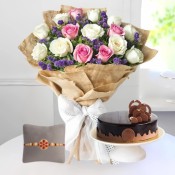 Bunch 15 Pink and White Roses with wrapping paper and half Kg Chocolate Cake