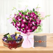 Bouquet of Purple Orchids, Chocolate basket with Free Rakhi
