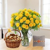 Yellow roses and dry fruit basket with free rakhi