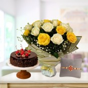 Yellow white Roses Bouquet and chocolates cake with free rakhi