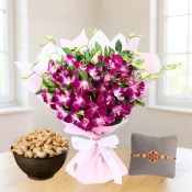 Bouquet of Purple Orchids and dry fruits with Free Rakhis