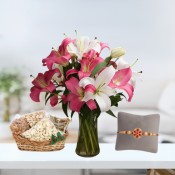 Lilies vase and dry fruit basket with Free Rakhis
