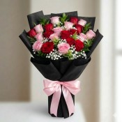 Red & Pink Roses Bouquet in Black Wrap